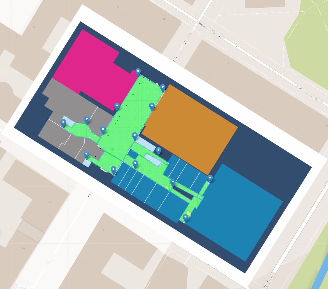 Planned beacon positions on a venue floor plan in the IndoorAtlas web app